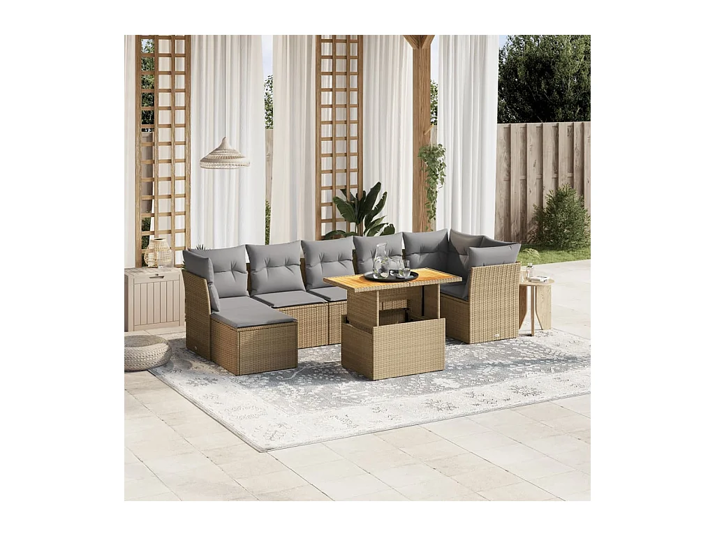 Salon de jardin avec coussins 8 pièces beige résine tressée