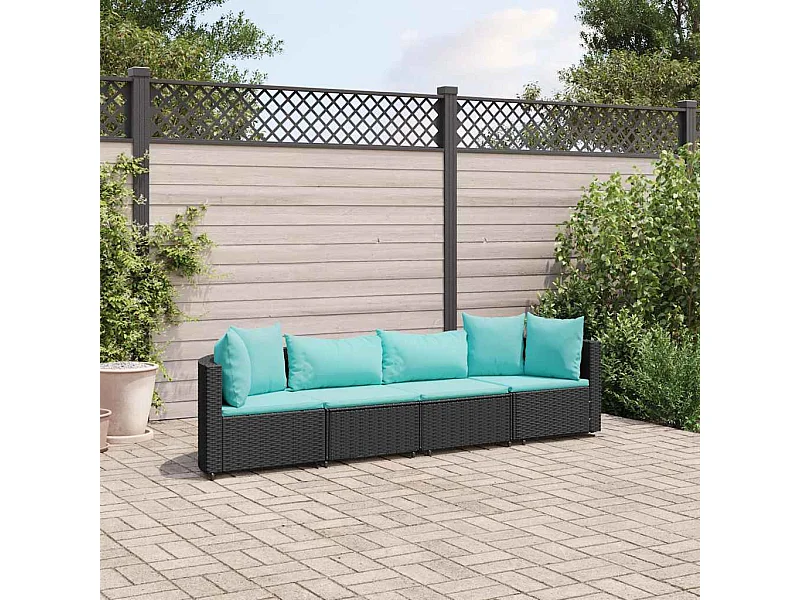 4-delige Loungeset met kussens poly rattan zwart