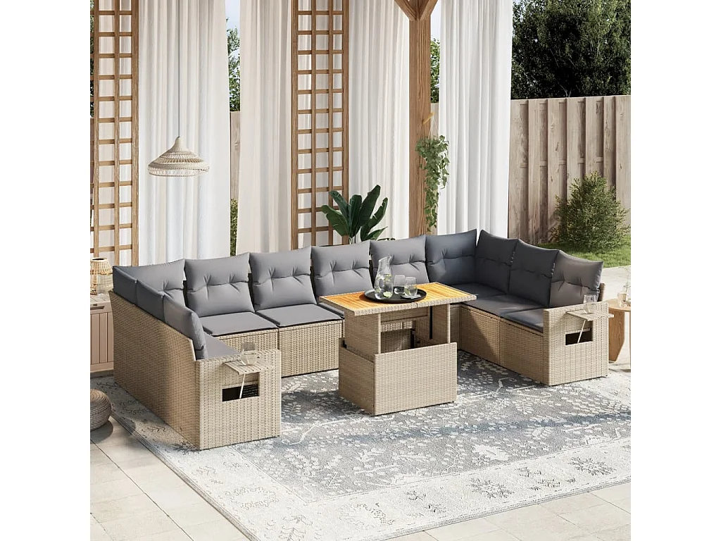 Salon de jardin 11 pièces avec coussins beige résine tressée