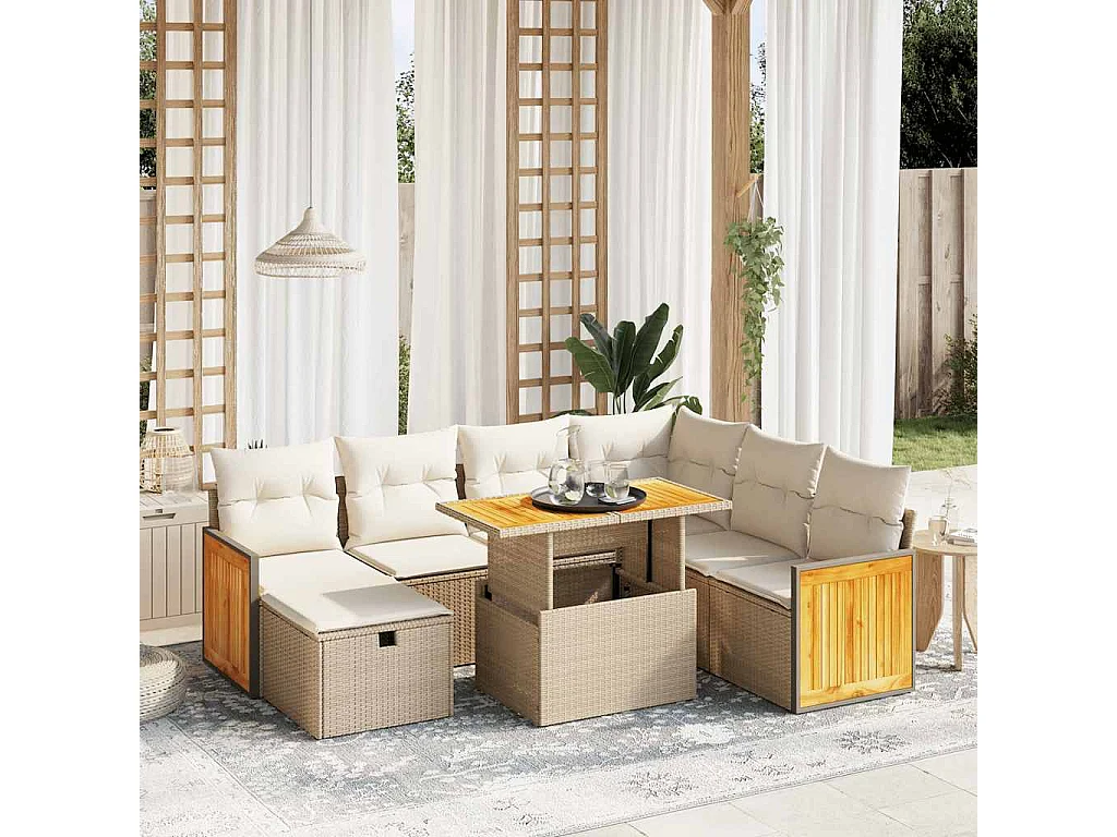8-delige Loungeset met kussens poly rattan beige