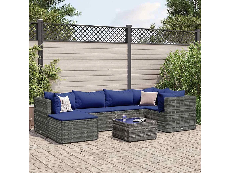 7 peças conjunto lounge de jardim com almofadões vime PE cinzento