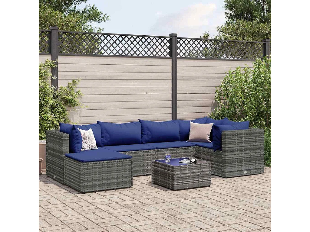 7 peças conjunto lounge de jardim com almofadões vime PE cinzento