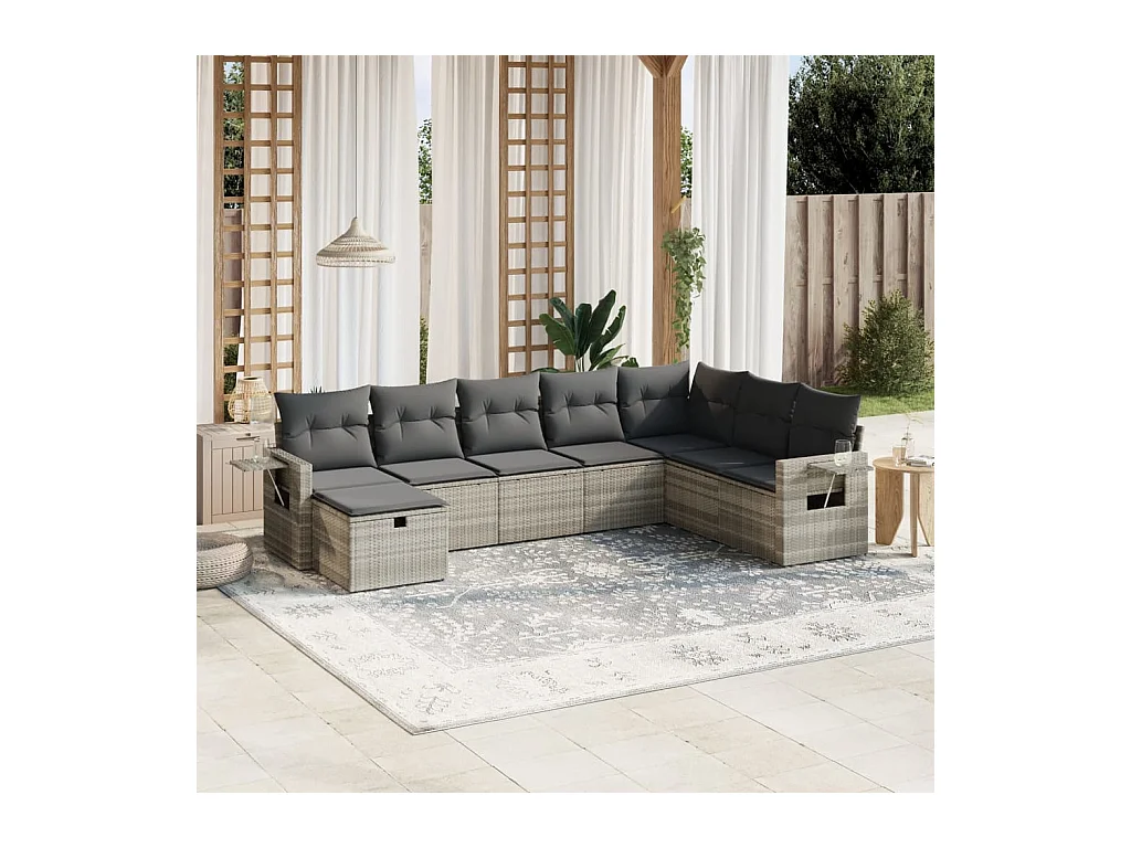 Set de sofás de jardín 8 piezas y cojines ratán sintético gris