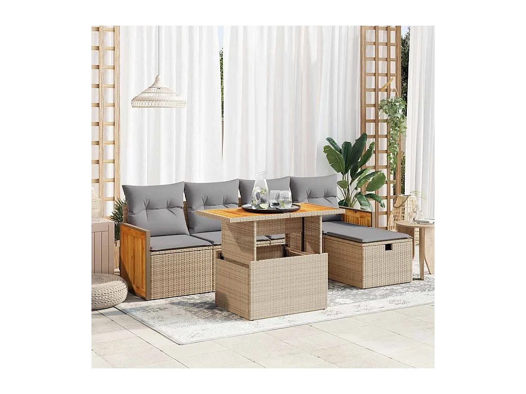 Salon de jardin avec coussins 6 pièces beige résine tressée