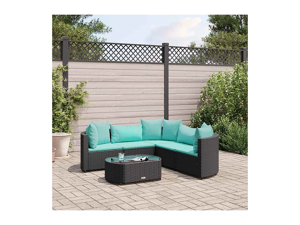 Set de sofás de jardín 6 piezas y cojines ratán sintético negro