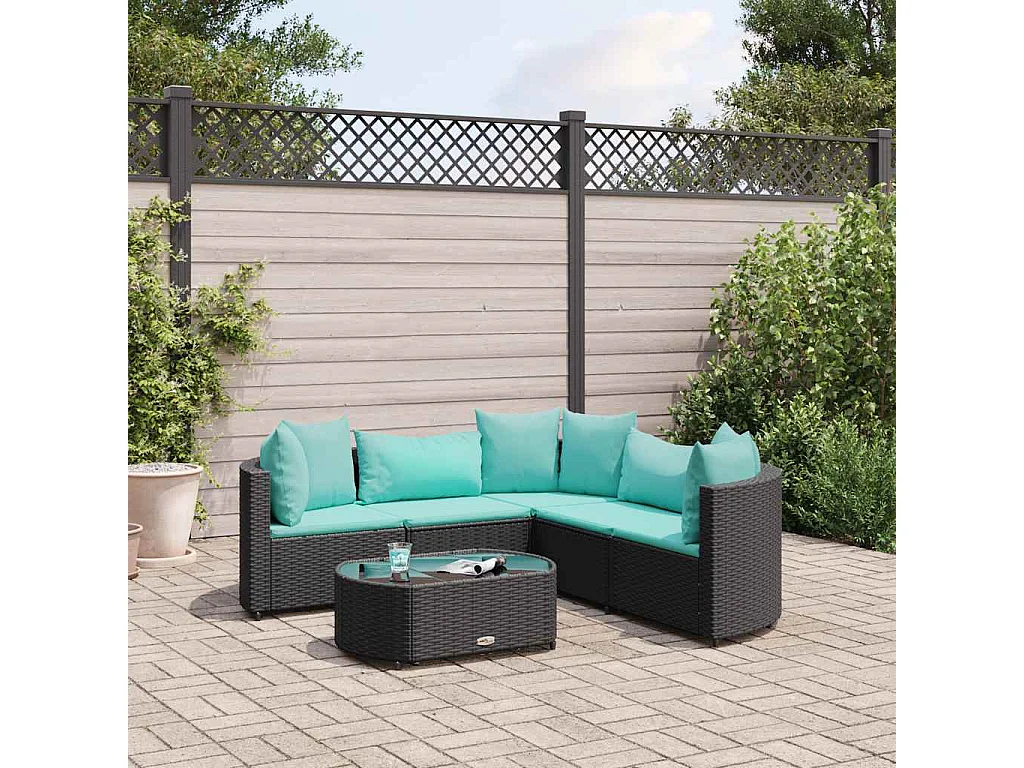 Salon de jardin 6 pièces avec coussins noir résine tressée