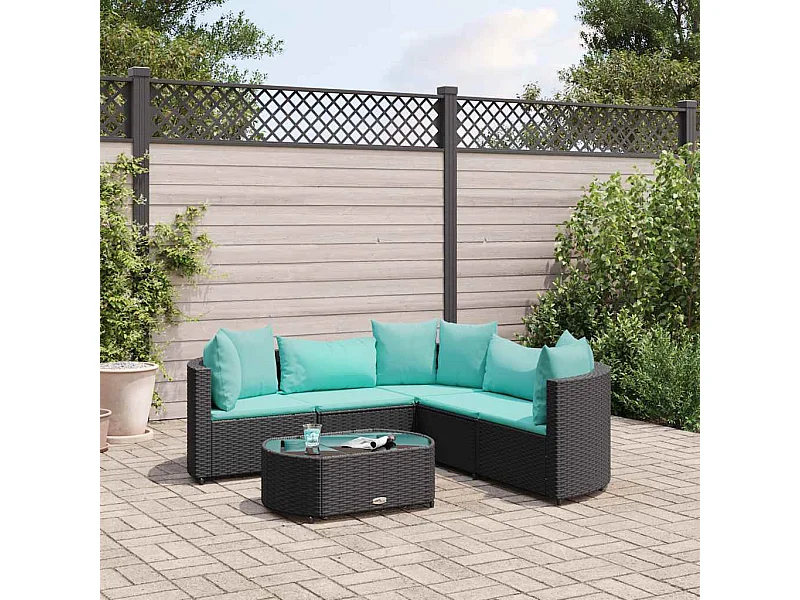 Salon de jardin 6 pièces avec coussins noir résine tressée