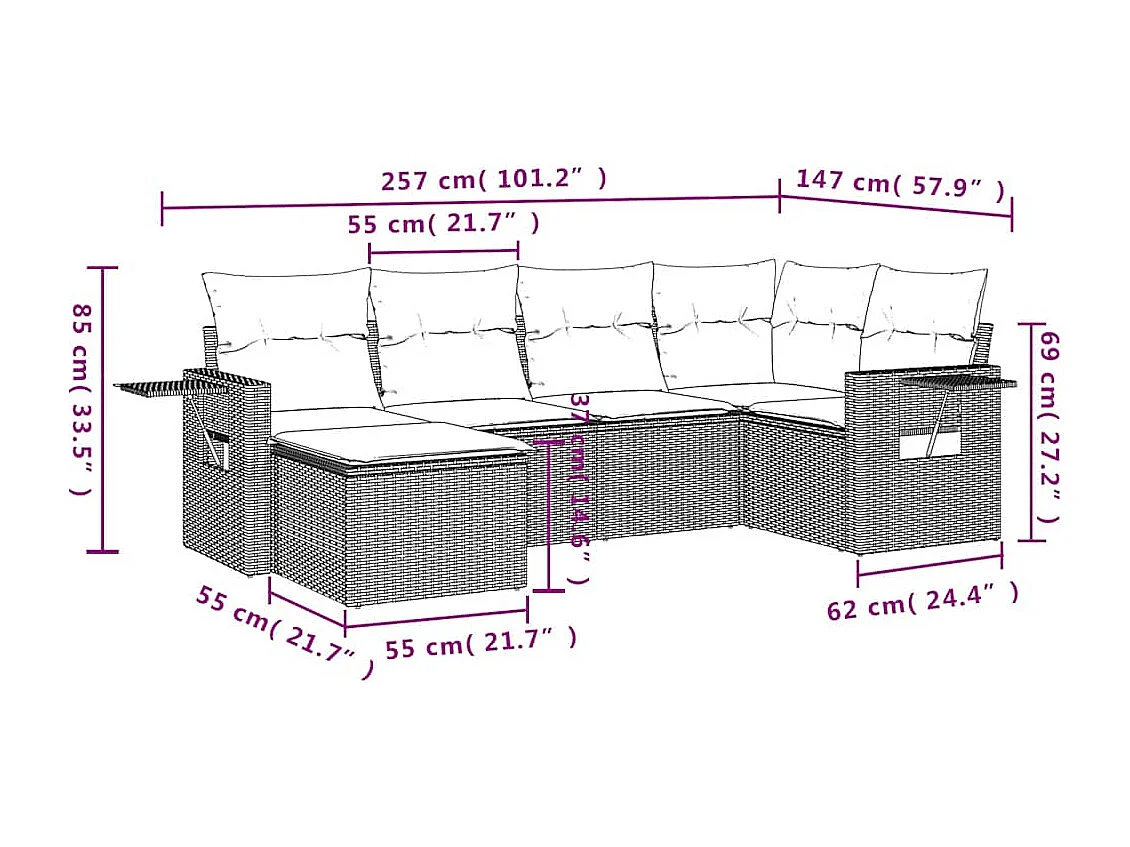 Salon de jardin 6 pièces avec coussins gris clair résine tressée