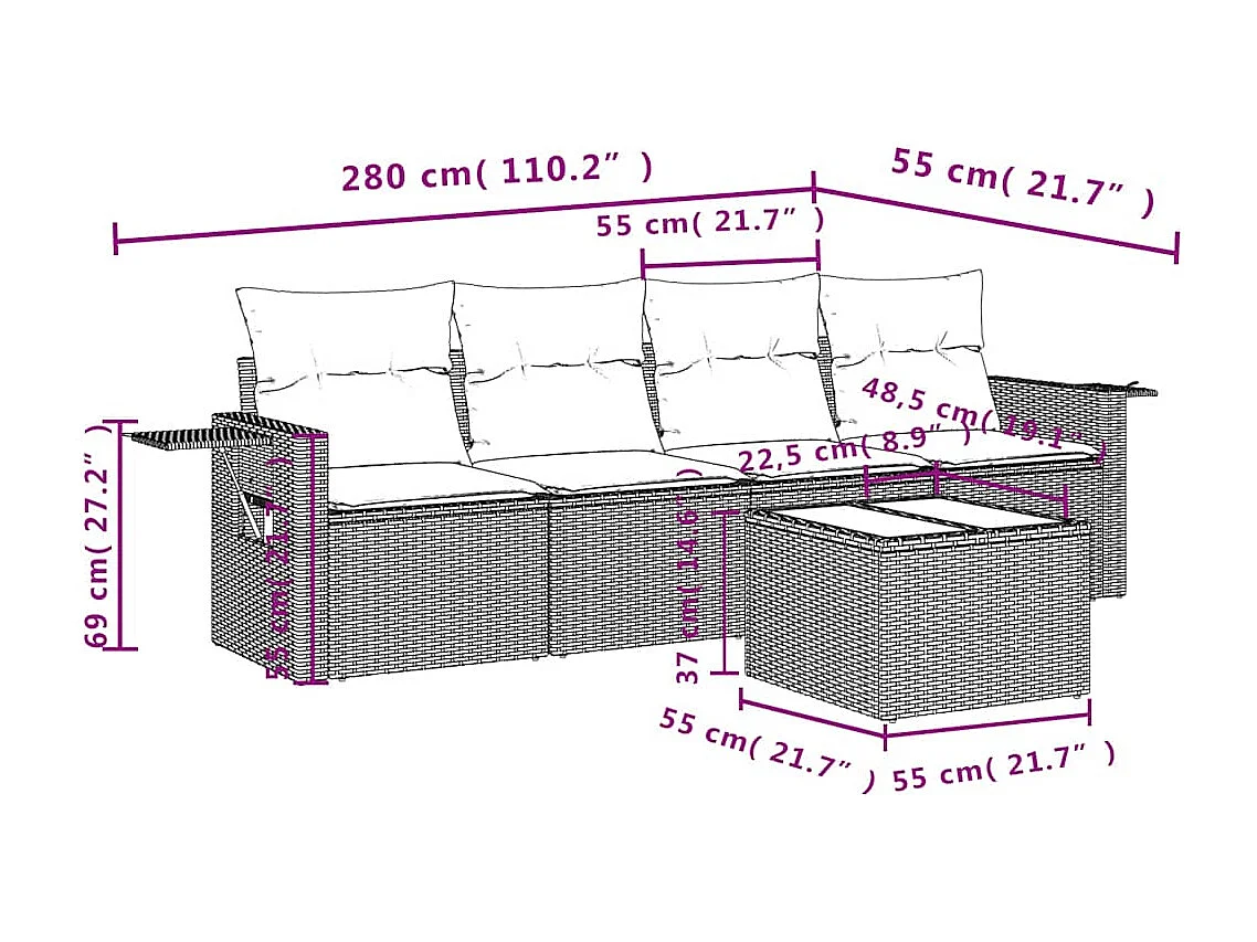 5 peças conj. sofás jardim com almofadões vime PE cinzento-claro