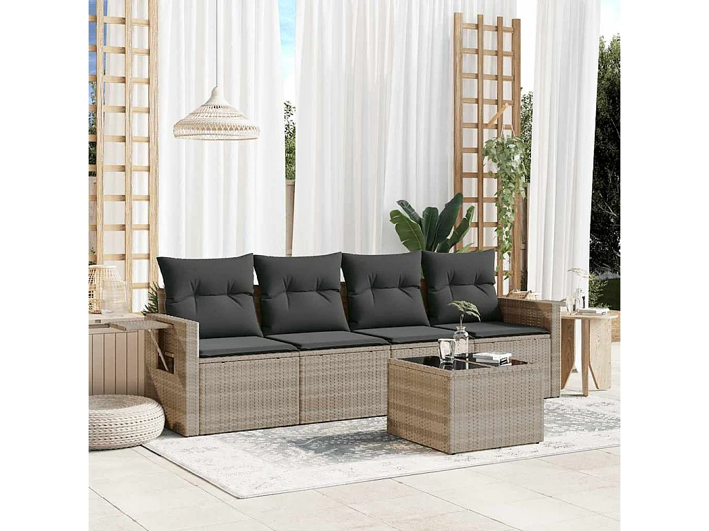 Salon de jardin 5 pièces avec coussins gris clair résine tressée