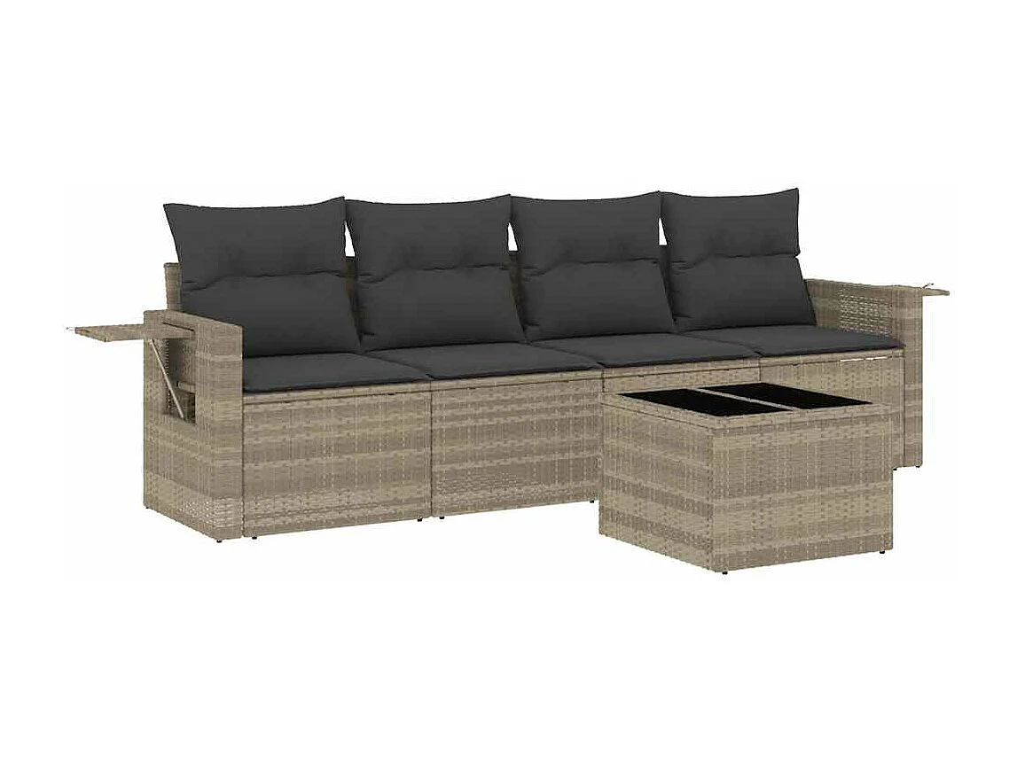 Salon de jardin 5 pièces avec coussins gris clair résine tressée