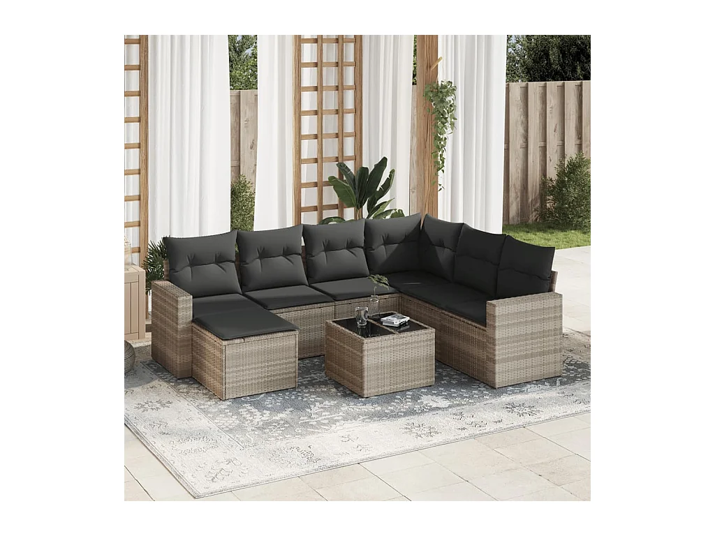 Salon de jardin 8 pièces avec coussins gris clair résine tressée