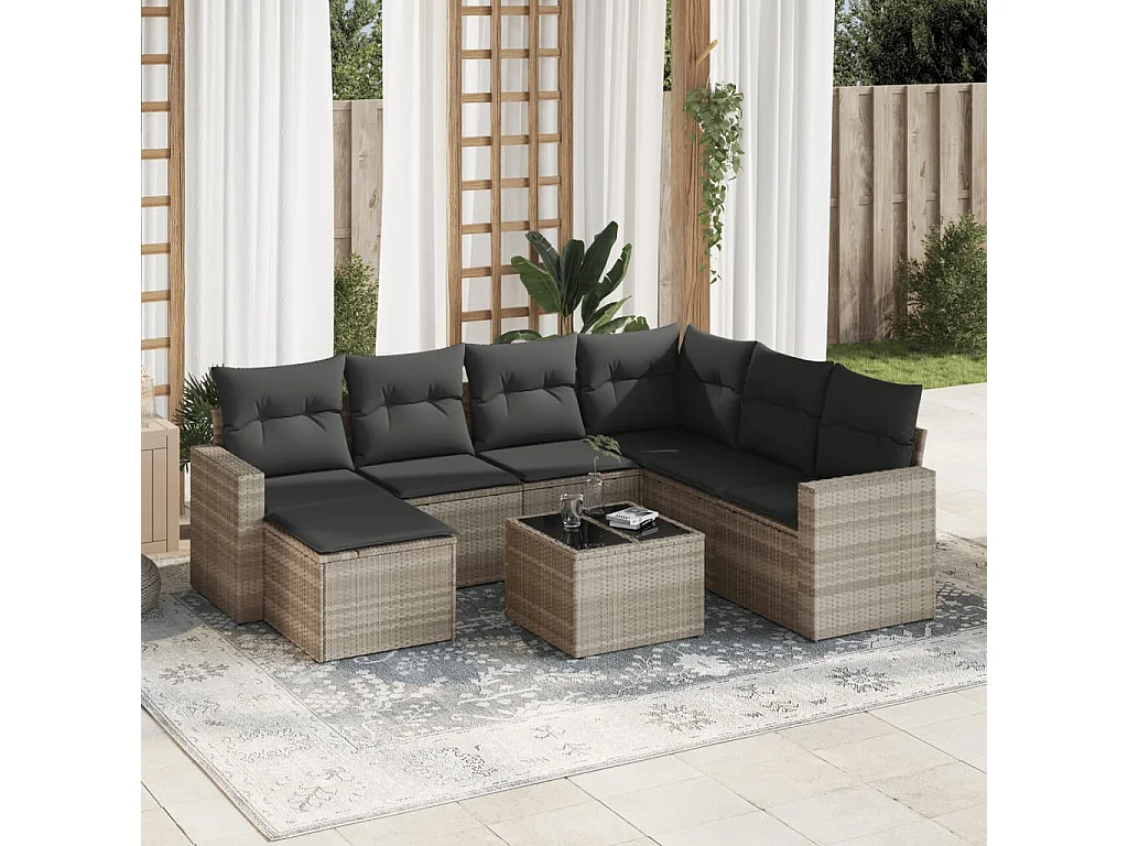 Salon de jardin 8 pièces avec coussins gris clair résine tressée