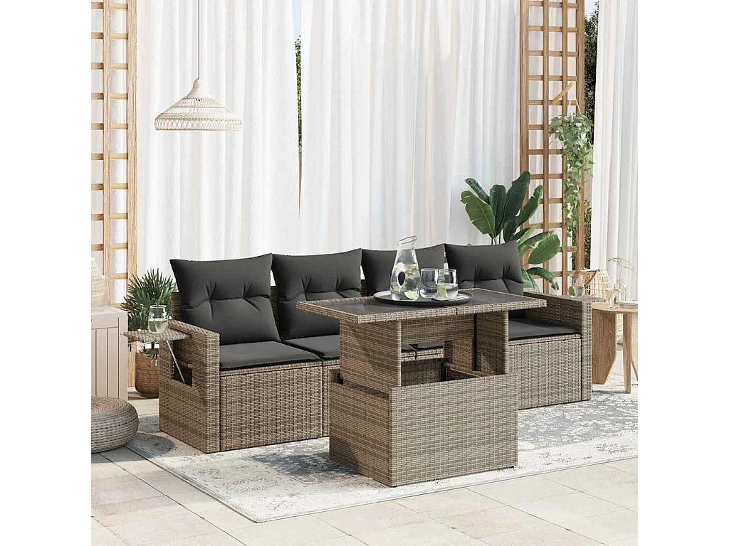 5-delige Loungeset met kussens poly rattan grijs