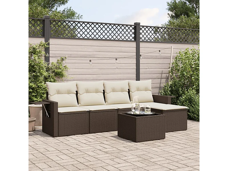 6-delige Loungeset met kussens poly rattan bruin