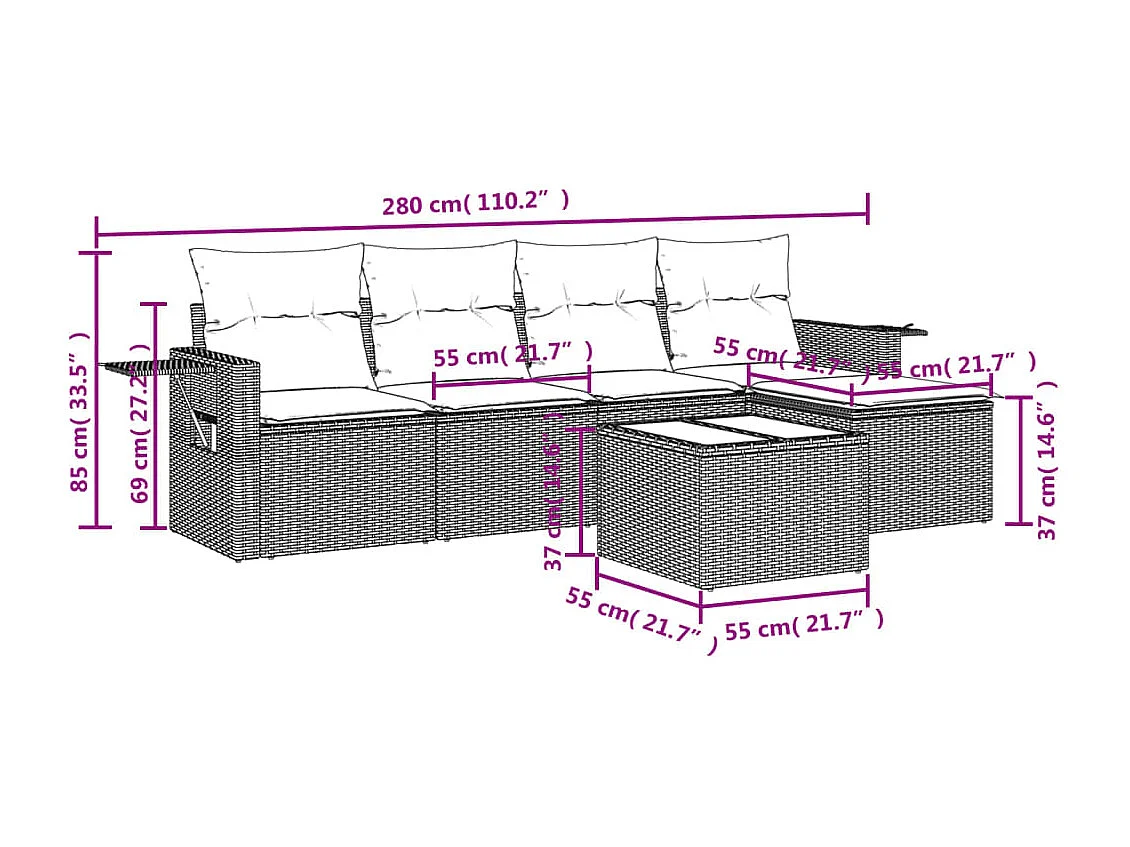 6-delige Loungeset met kussens poly rattan bruin