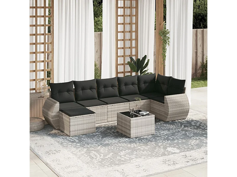 Salon de jardin 8 pièces avec coussins gris clair résine tressée