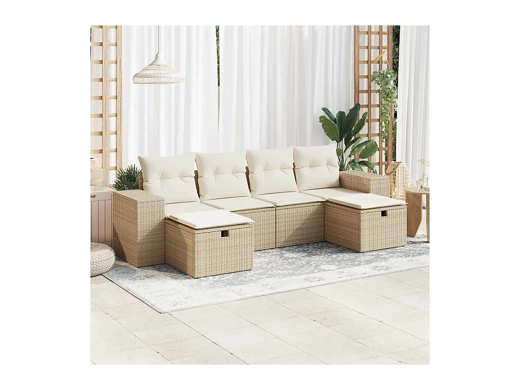 6-delige Loungeset met kussens poly rattan beige