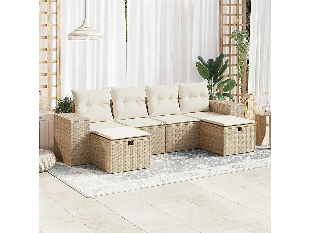 6 peças conjunto de sofás para jardim com almofadões vime PE bege