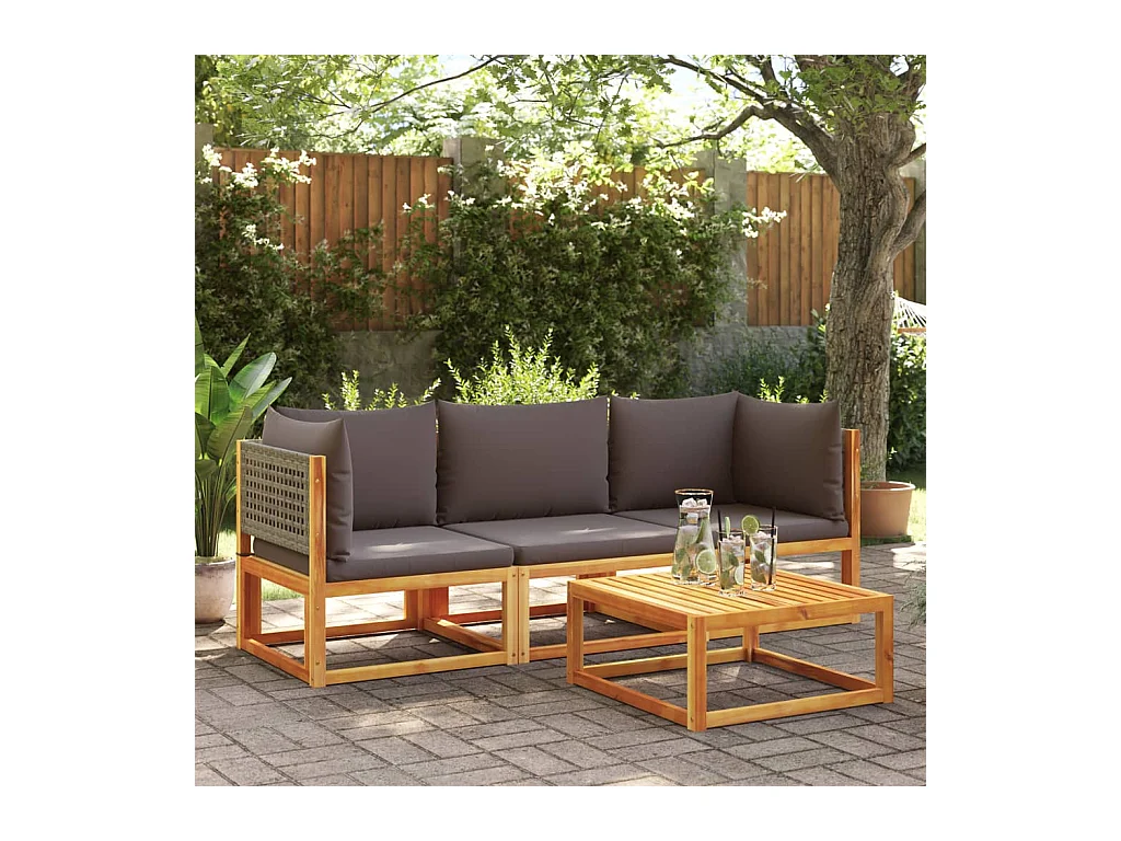 3-delige tuinbankset met kussens acaciahout & rotan