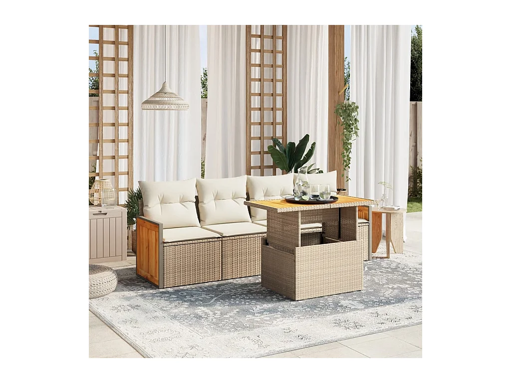 5-delige Loungeset met kussens poly rattan beige