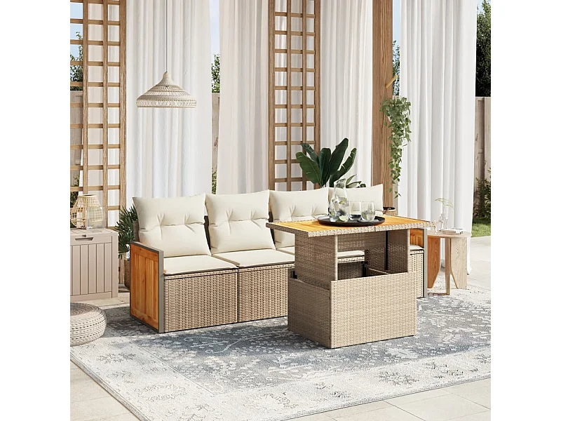Salon de jardin avec coussins 5 pièces beige résine tressée