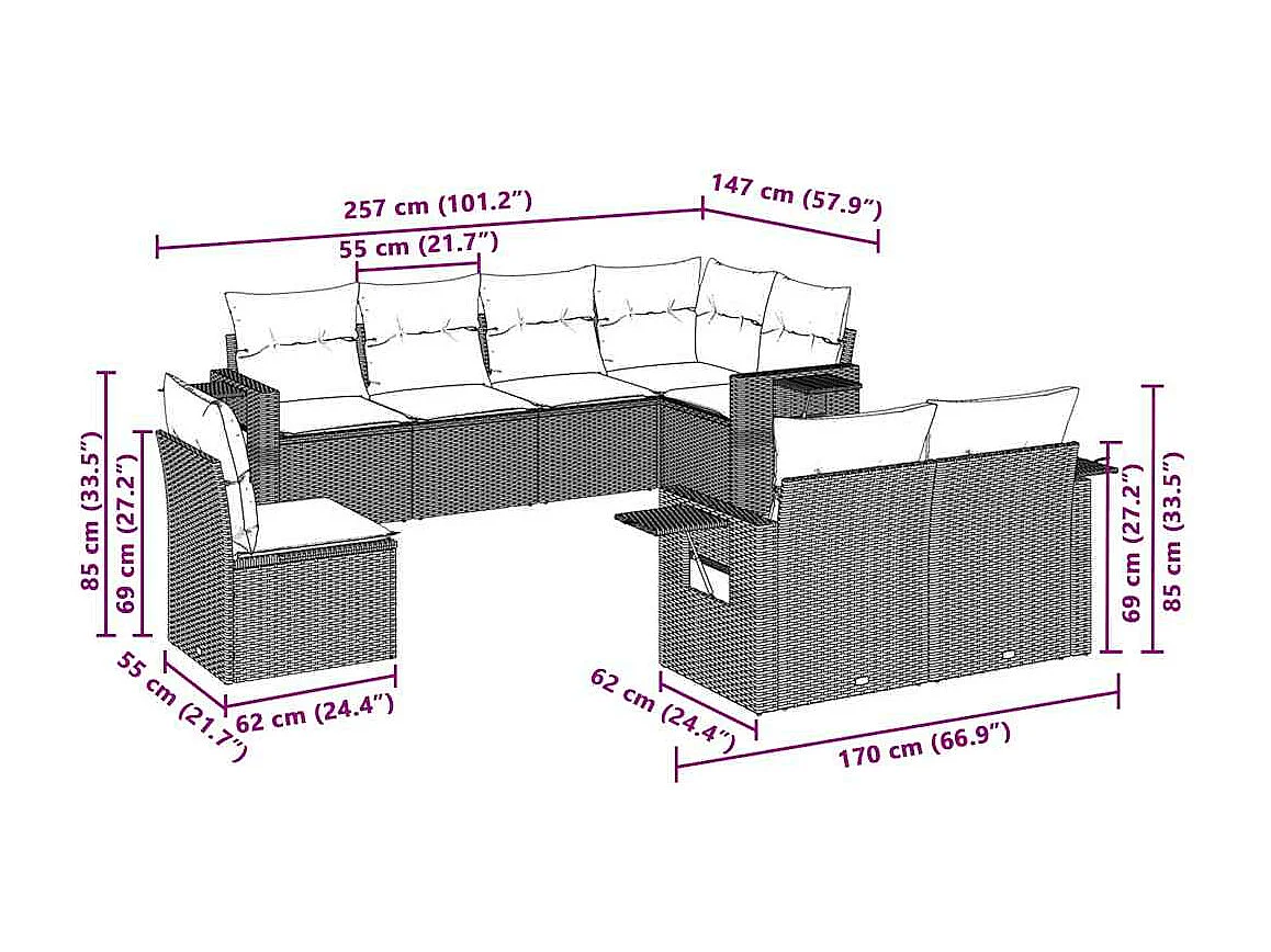 8 peças conj. sofás jardim com almofadões vime PE cinzento-claro