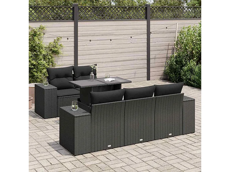 6-delige Loungeset met kussens poly rattan zwart
