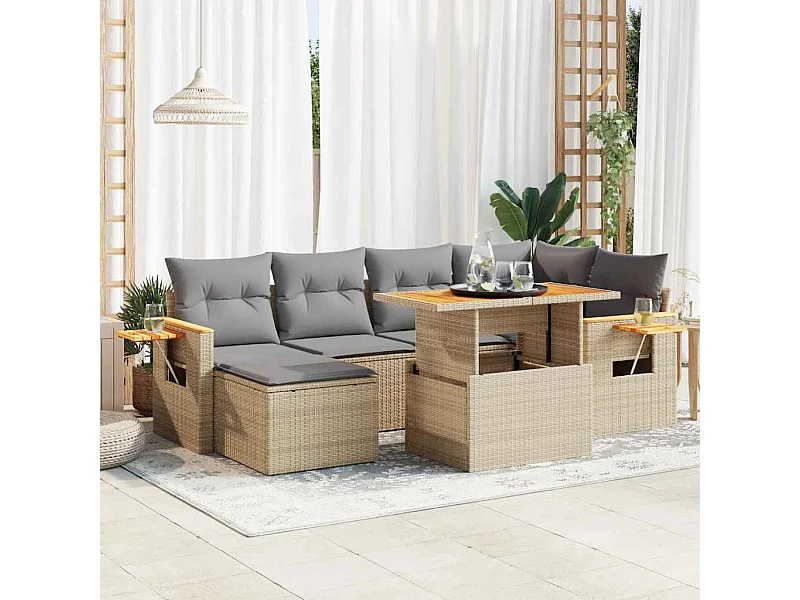 7 peças conjunto sofás jardim com almofadões vime PE/acácia bege