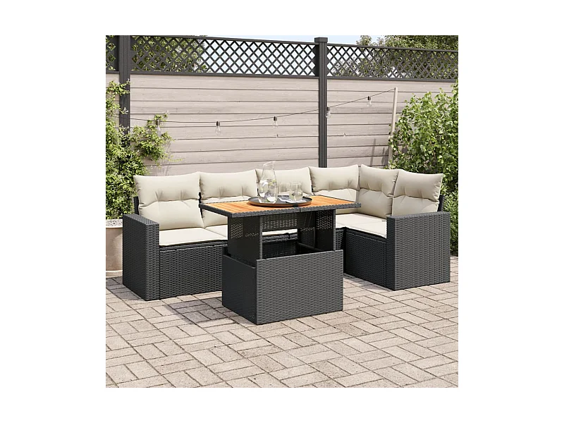 Set de sofás de jardín 6 piezas y cojines ratán sintético negro