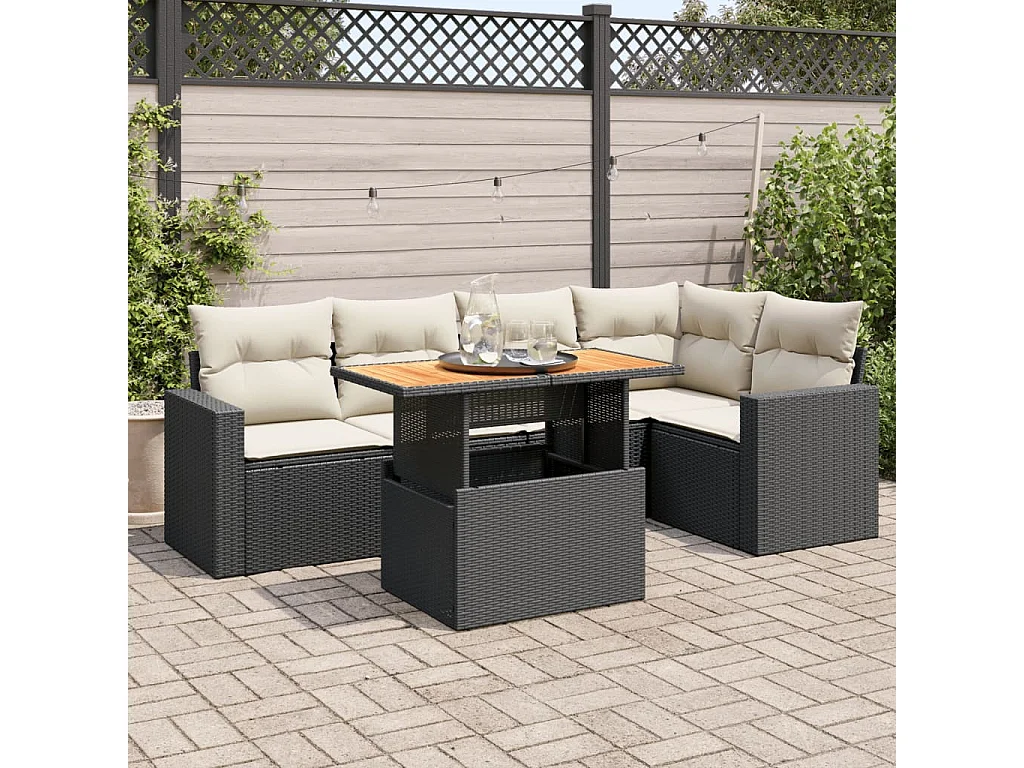 Salon de jardin 6 pièces avec coussins noir résine tressée