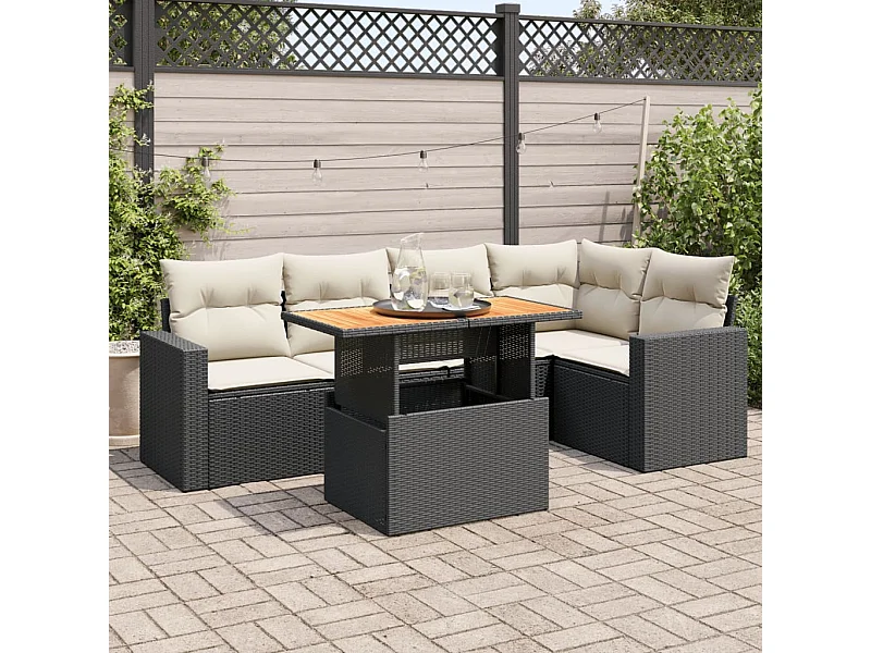 Salon de jardin 6 pièces avec coussins noir résine tressée