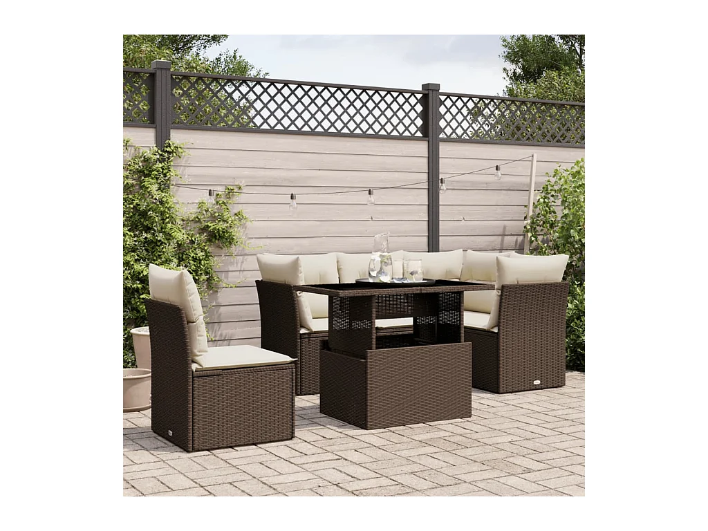 Salon de jardin avec coussins 6 pièces marron résine tressée