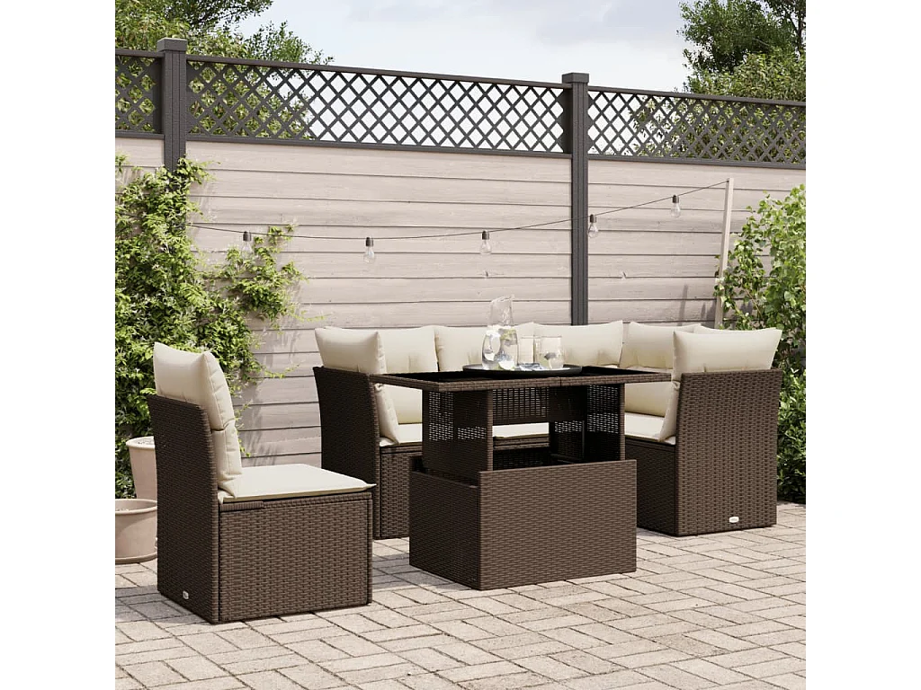 Salon de jardin avec coussins 6 pièces marron résine tressée