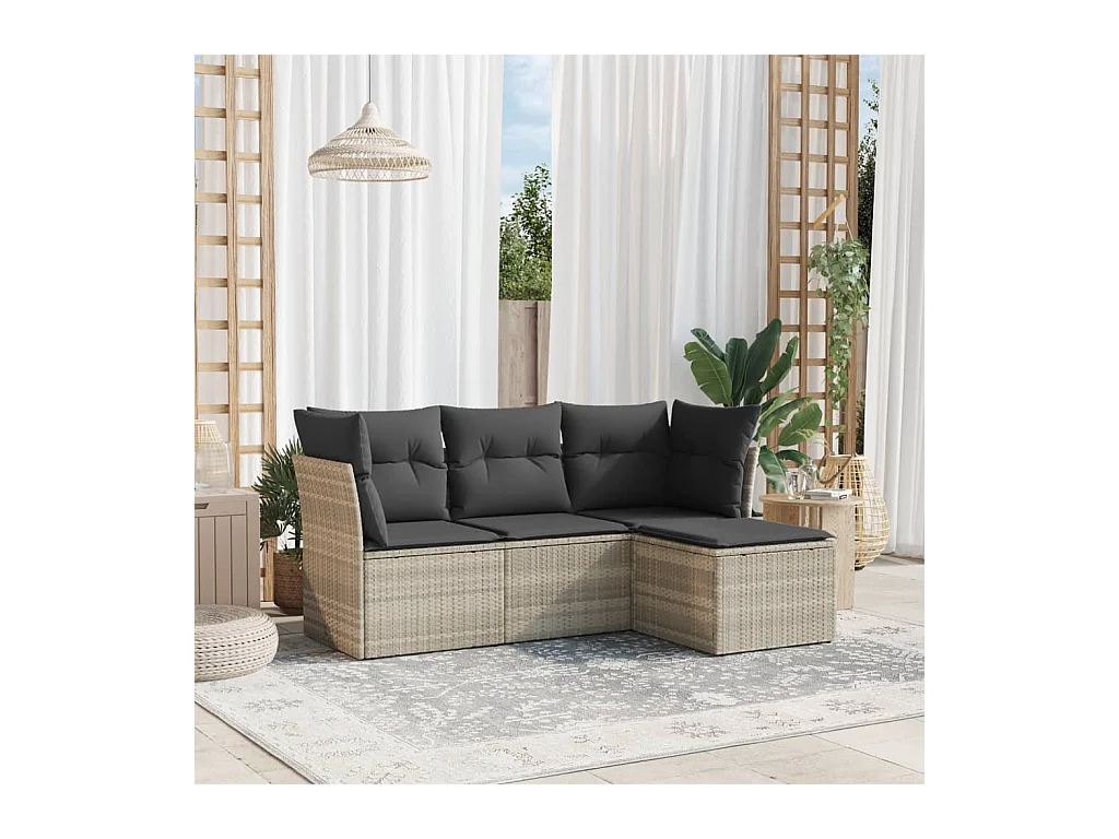 Salon de jardin 4 pièces avec coussins gris clair résine tressée