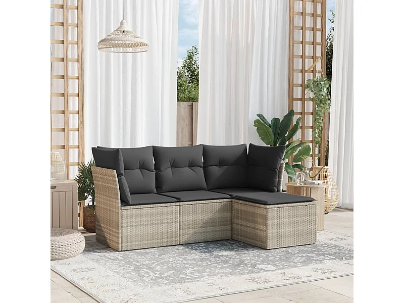 Salon de jardin 4 pièces avec coussins gris clair résine tressée