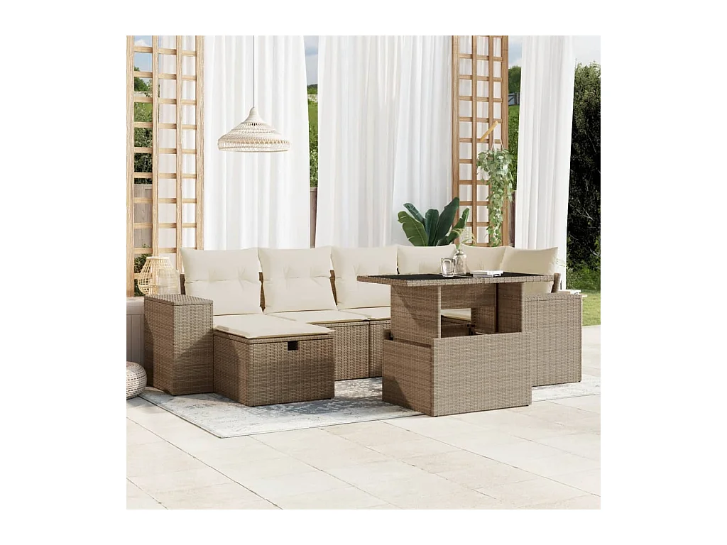 Salon de jardin avec coussins 7 pièces beige résine tressée