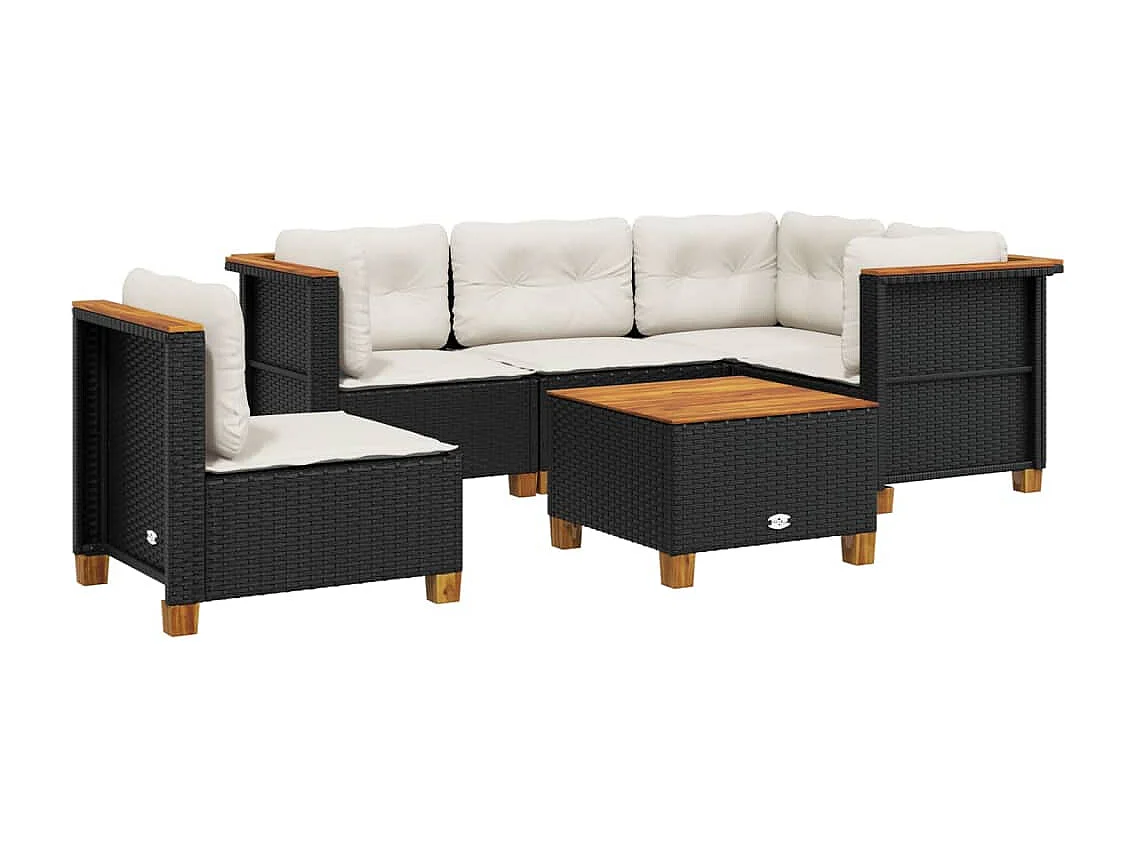 6-delige Loungeset met kussens poly rattan zwart
