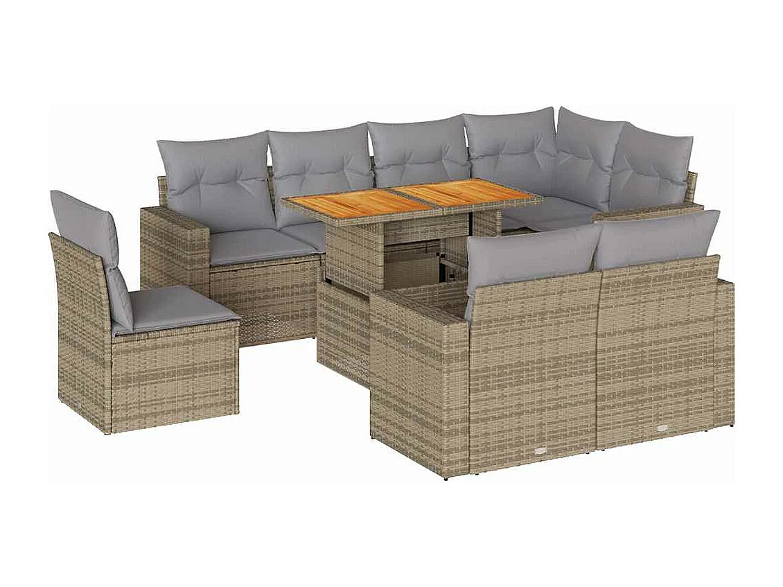 Salon de jardin avec coussins 9 pièces beige résine tressée