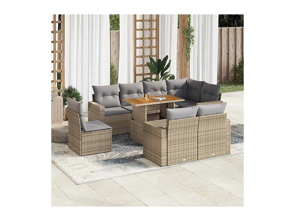 Set de sofás de jardín con cojines 9 piezas ratán sintético beige