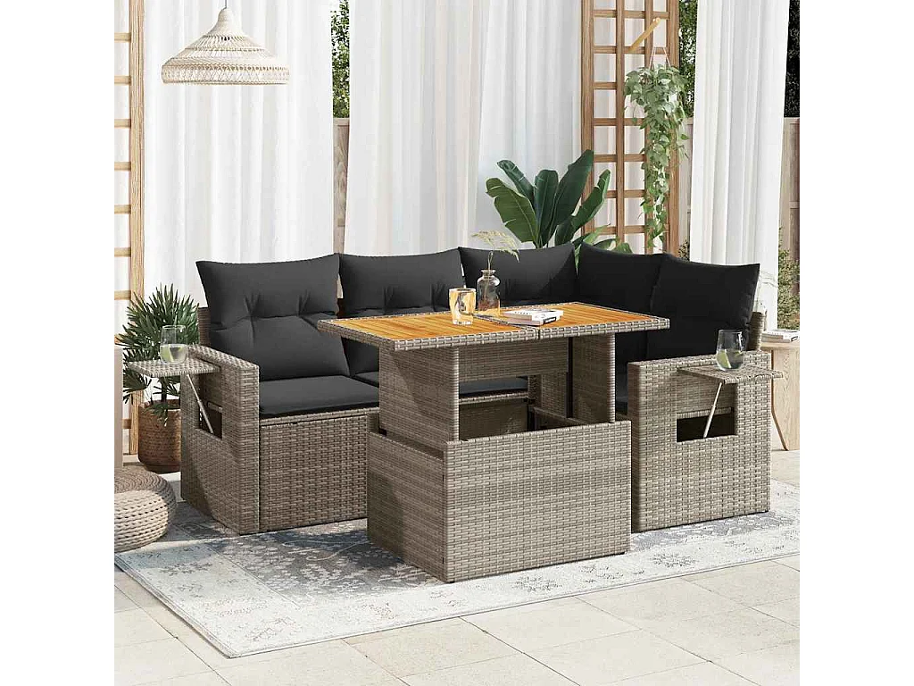 5-delige Loungeset met kussens poly rattan grijs