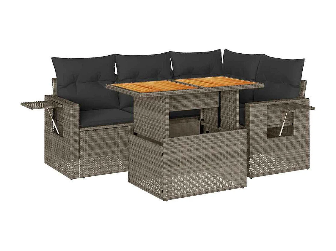 5-delige Loungeset met kussens poly rattan grijs