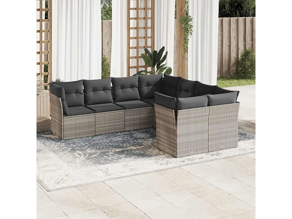 Set de sofás de jardín 8 piezas y cojines ratán sintético gris