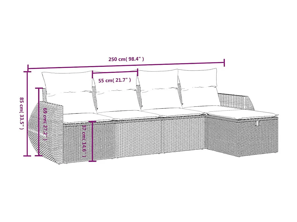 Set comedor de jardín 5 piezas y cojines ratán sintético marrón