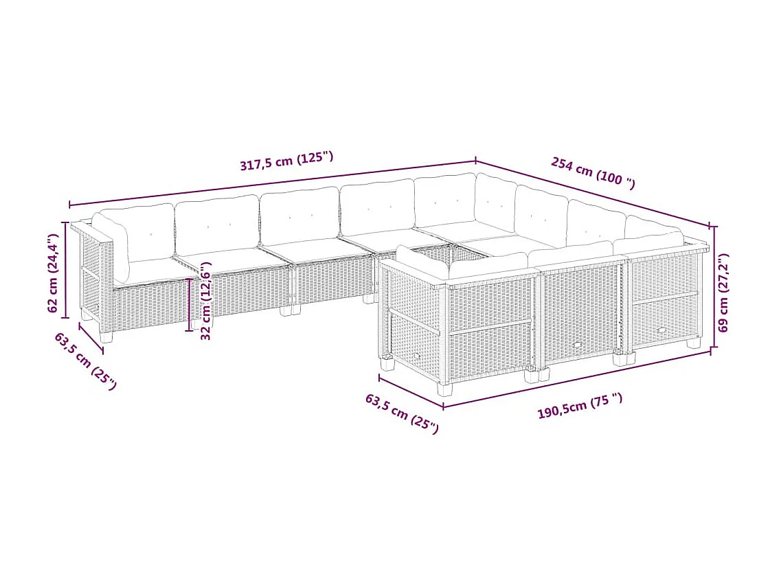 Salon de jardin 10 pièces avec coussins noir résine tressée