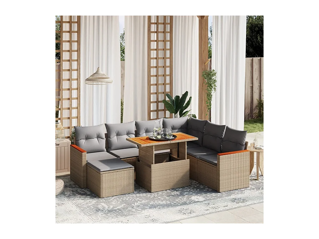 8-delige Loungeset met kussens poly rattan beige