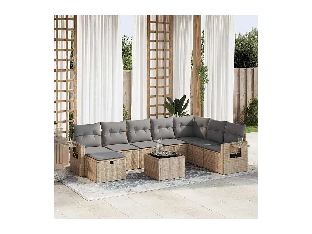 9 peças conjunto de sofás para jardim com almofadões vime PE bege