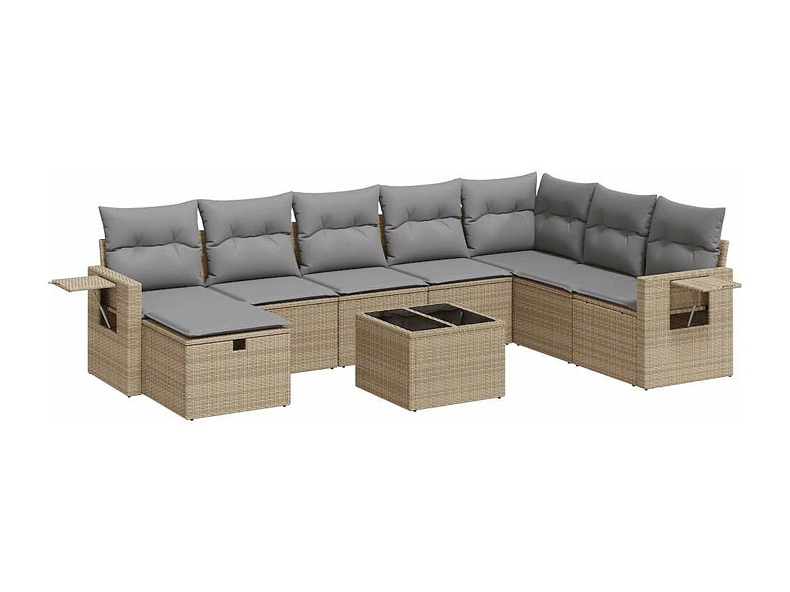 9-delige Loungeset met kussens poly rattan beige