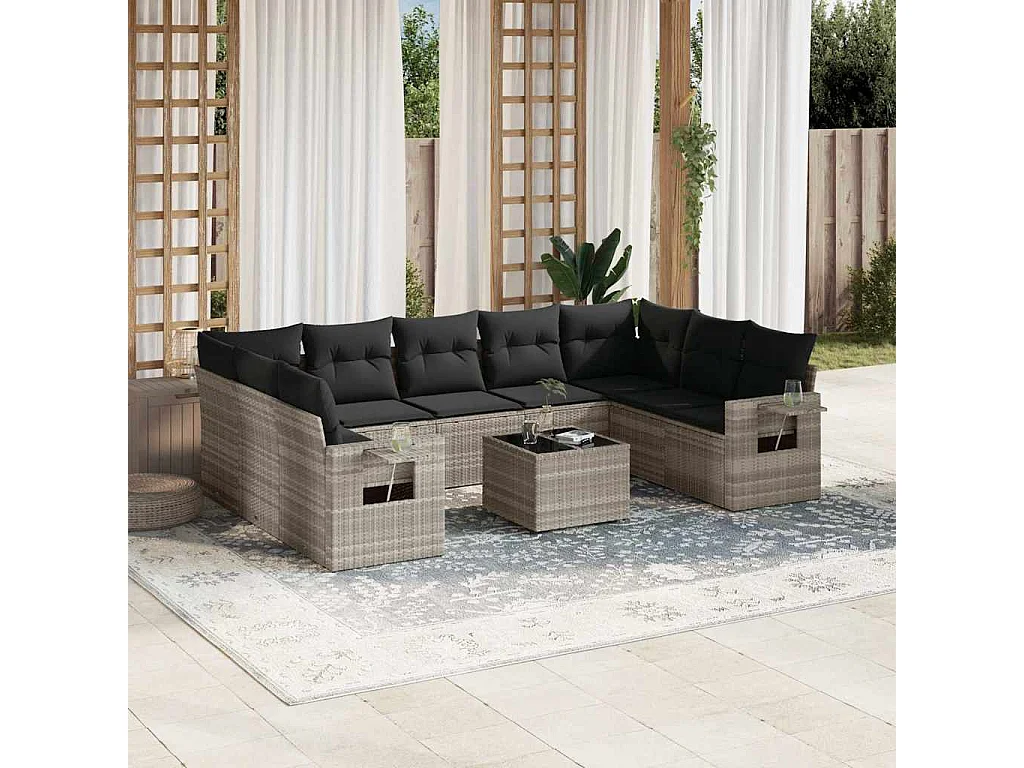 Set sofás jardín 10 piezas con cojines ratán sintético gris claro