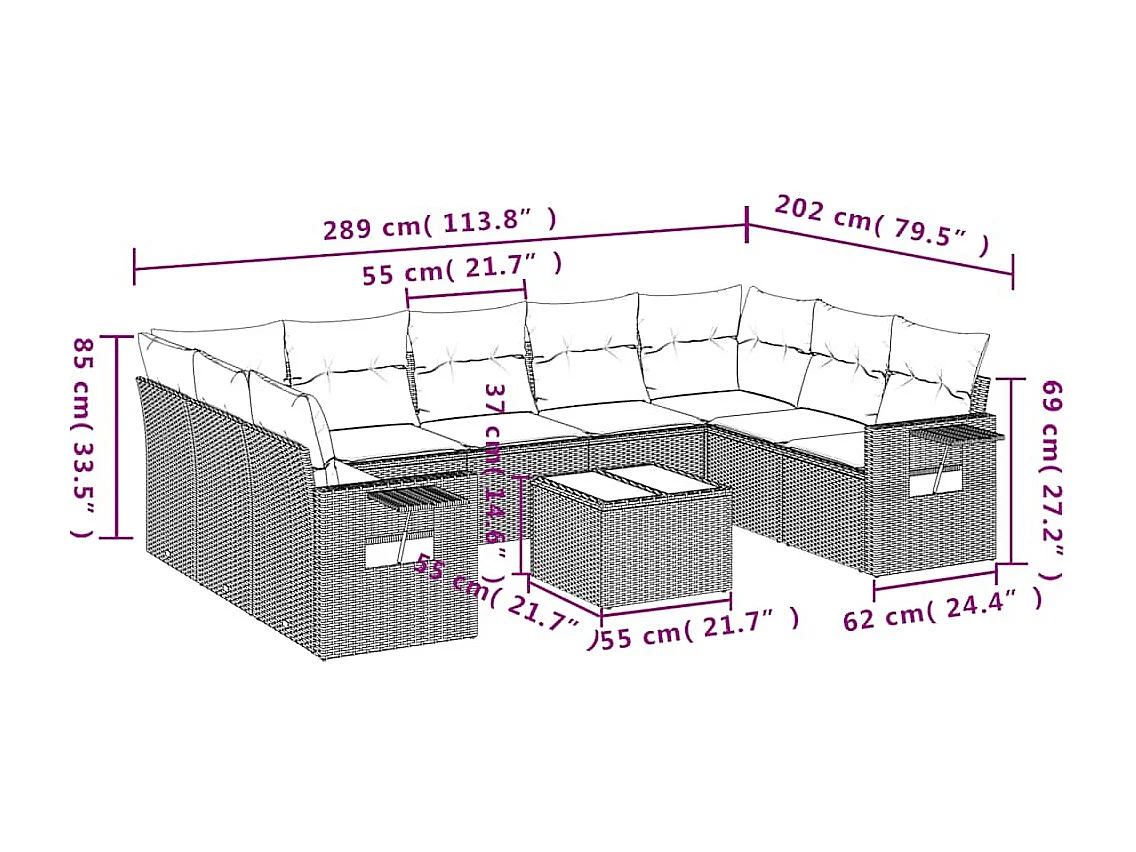Set sofás jardín 10 piezas con cojines ratán sintético gris claro